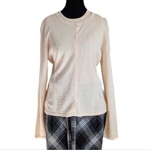 Emma & James Vtg 90s Minimalist Embellished Beaded Knit Off White Silk Cardigan